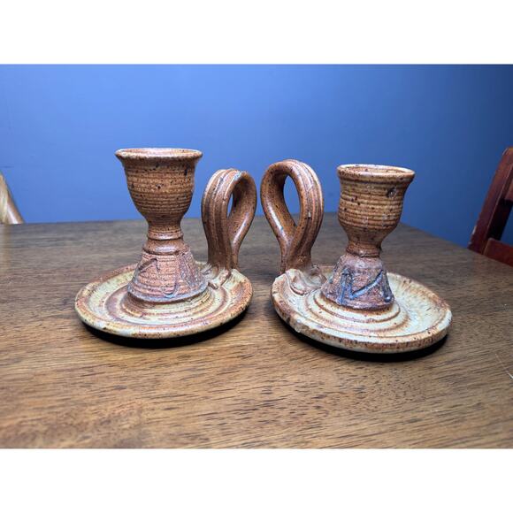 Pair of Vintage Artist Signed Studio Pottery Chamberstick Candle Holders - Picture 10 of 10